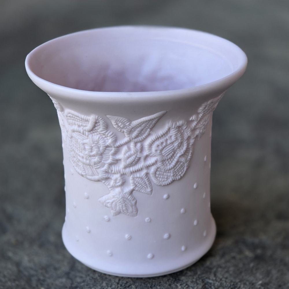 Vintage Teleflora Pink Bisque Needlepoint Style Ceramic Vase